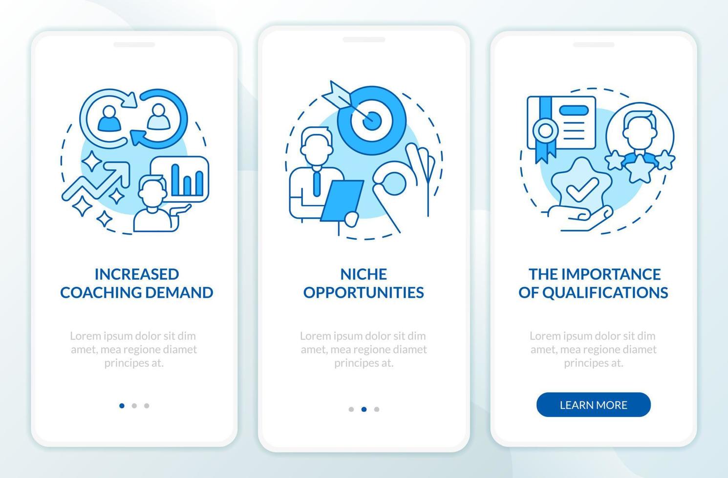 tendencias de coaching ejecutivo pantalla de aplicación móvil de incorporación azul. tutorial 3 pasos instrucciones gráficas editables con conceptos lineales. interfaz de usuario, ux, plantilla de interfaz gráfica de usuario. vector