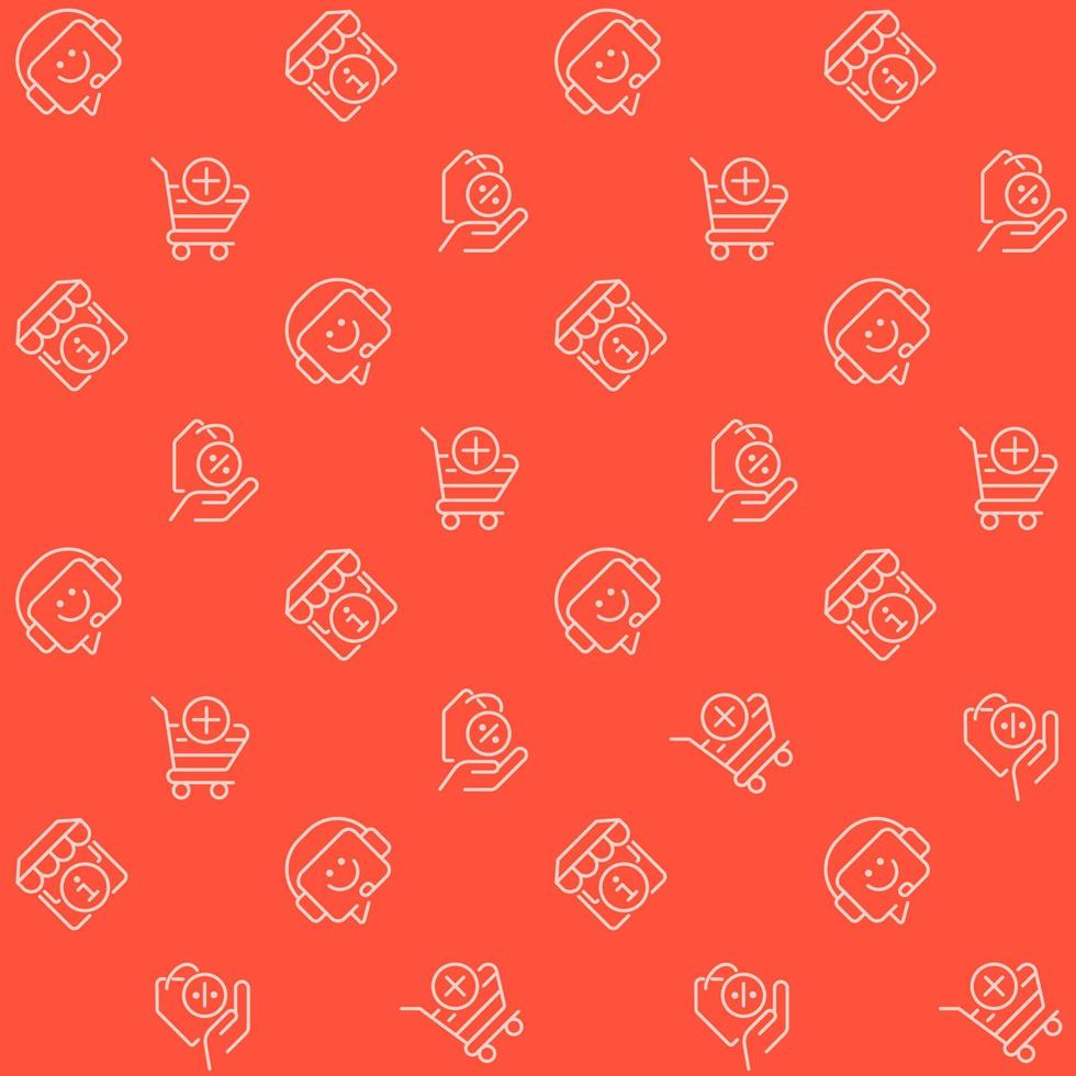 patrón abstracto sin fisuras de compras en línea. formas vectoriales editables sobre fondo naranja. textura de moda con iconos de color de dibujos animados. diseño con elementos gráficos para decoración de interiores, telas y sitios web vector