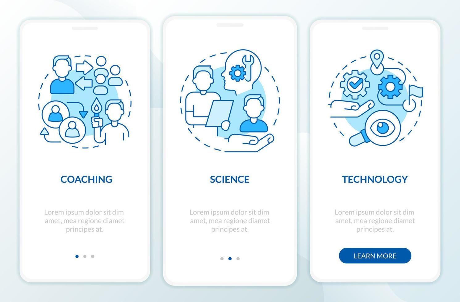 Professional coaching sessions blue onboarding mobile app screen. Walkthrough 3 steps editable graphic instructions with linear concepts. UI, UX, GUI template. vector
