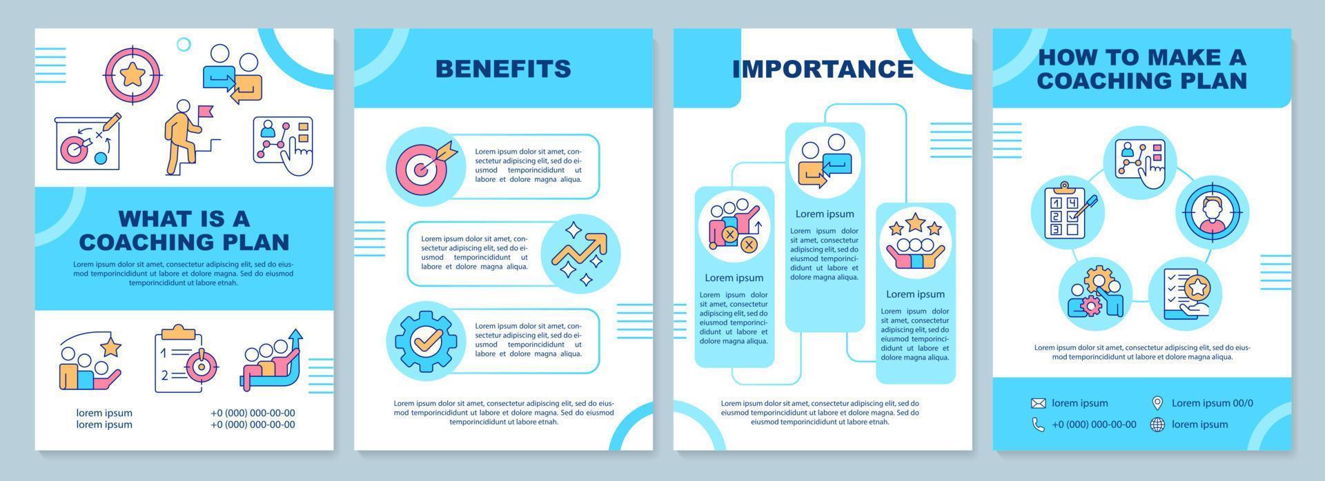 What is coaching plan blue brochure template. Team building. Leaflet design with linear icons. Editable 4 vector layouts for presentation, annual reports.