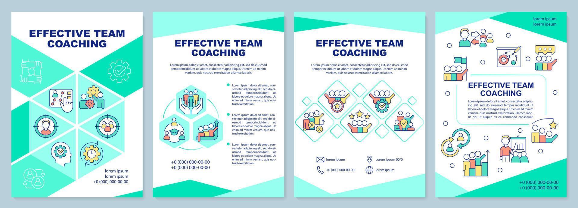 Effective team coaching mint brochure template. Collaboration. Leaflet design with linear icons. Editable 4 vector layouts for presentation, annual reports.