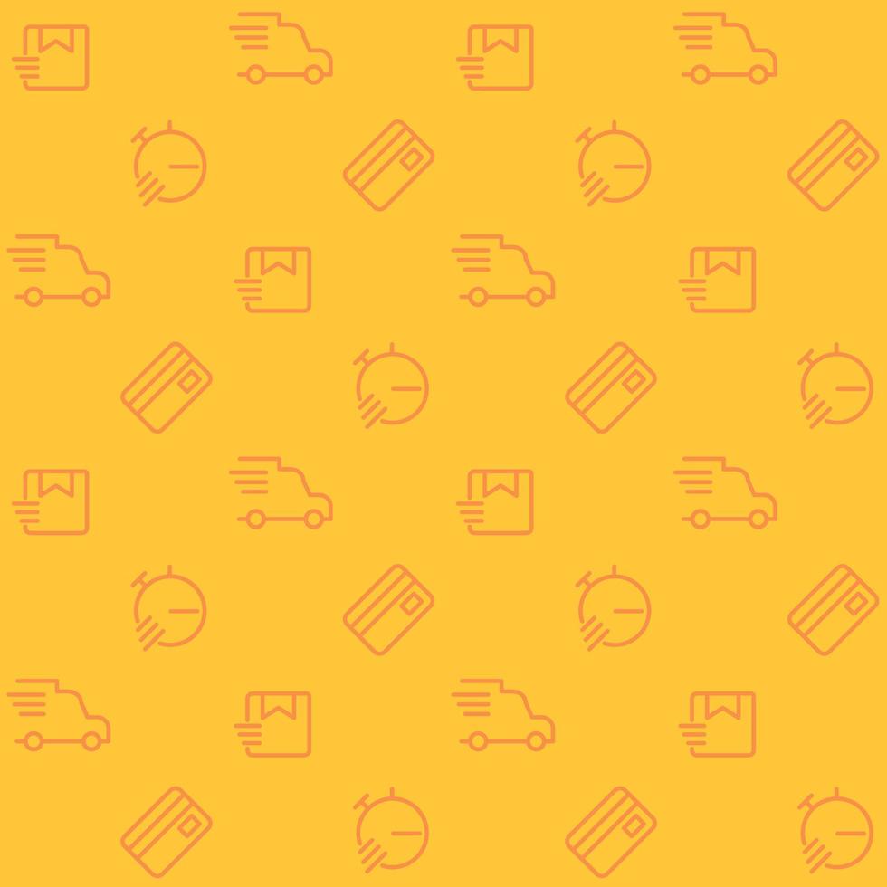 Delivery service abstract seamless pattern. Editable vector shapes on yellow background. Trendy texture with cartoon color icons. Design with graphic elements for interior, fabric, website decoration