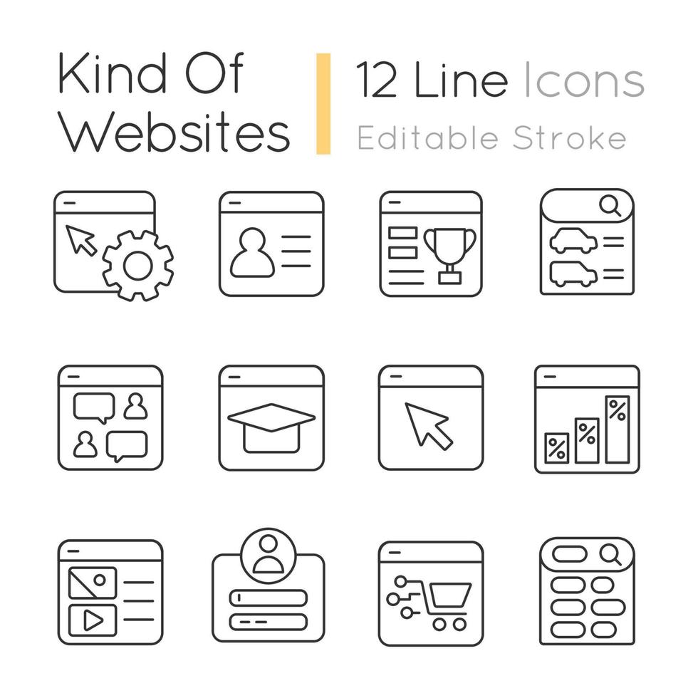 Kind of websites linear icons set. Content management system. Ecommerce, elearning. Customizable thin line symbols. Isolated vector outline illustrations. Editable stroke.