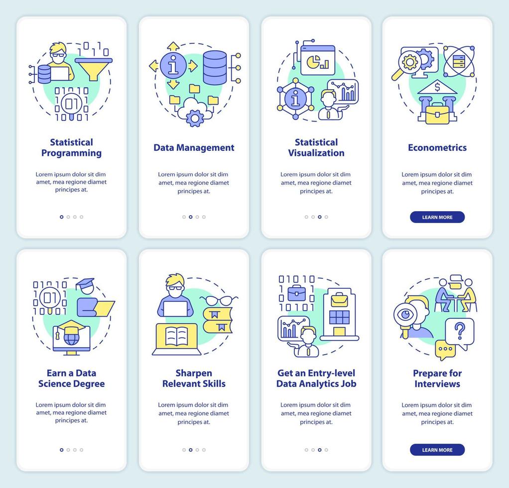 Data management expert onboarding mobile app screen set. Walkthrough 4 steps editable graphic instructions with linear concepts. UI, UX, GUI template. vector