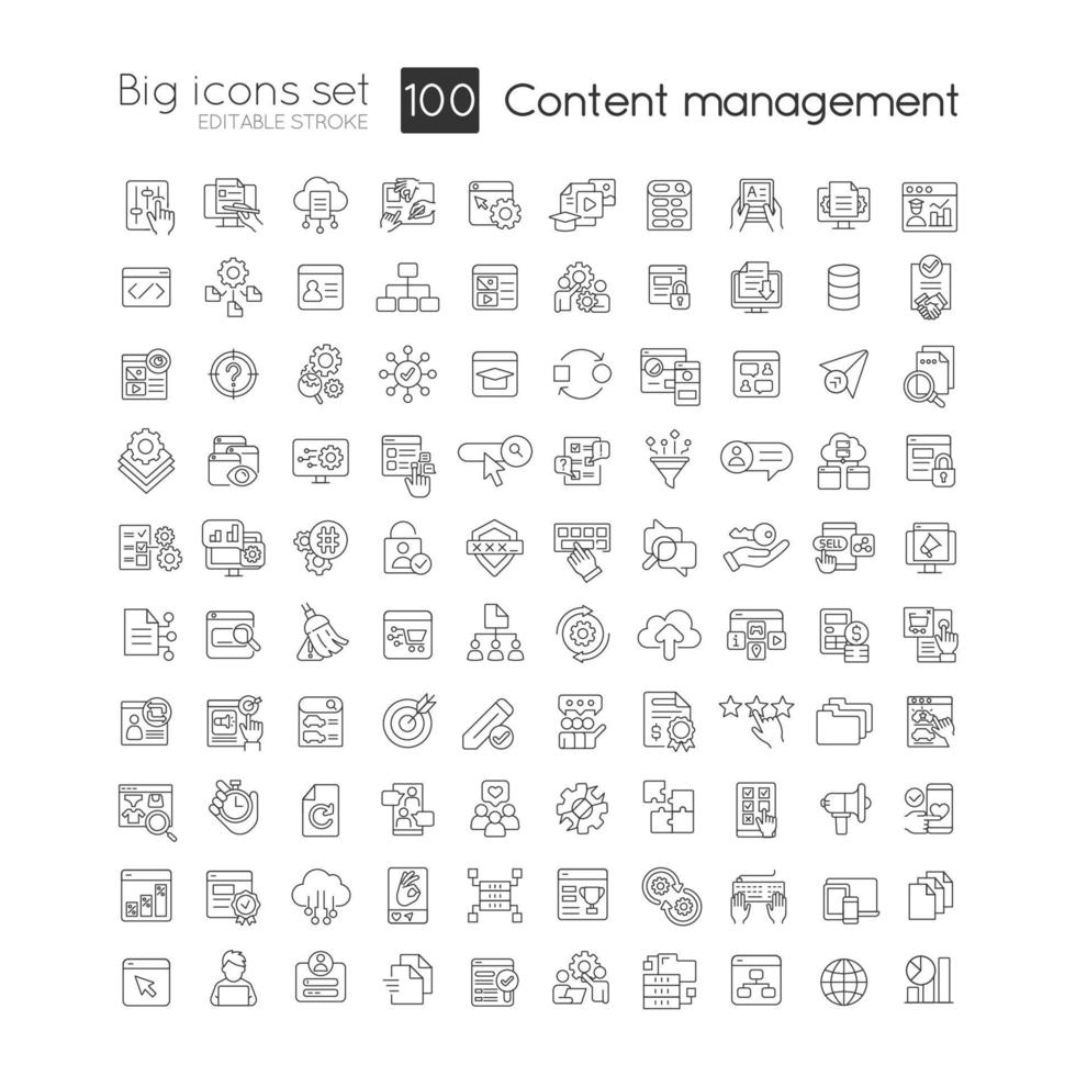 Content management system linear icons set. Digital experience. Social media. Customizable thin line symbols. Isolated vector outline illustrations. Editable stroke.