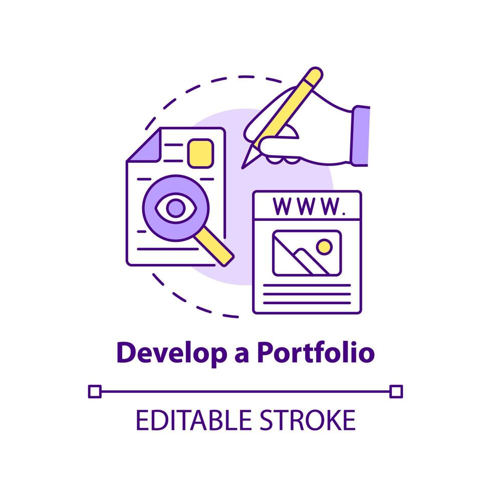 Develop portfolio concept icon. Website samples. Becoming web designer abstract idea thin line illustration. Isolated outline drawing. Editable stroke. vector