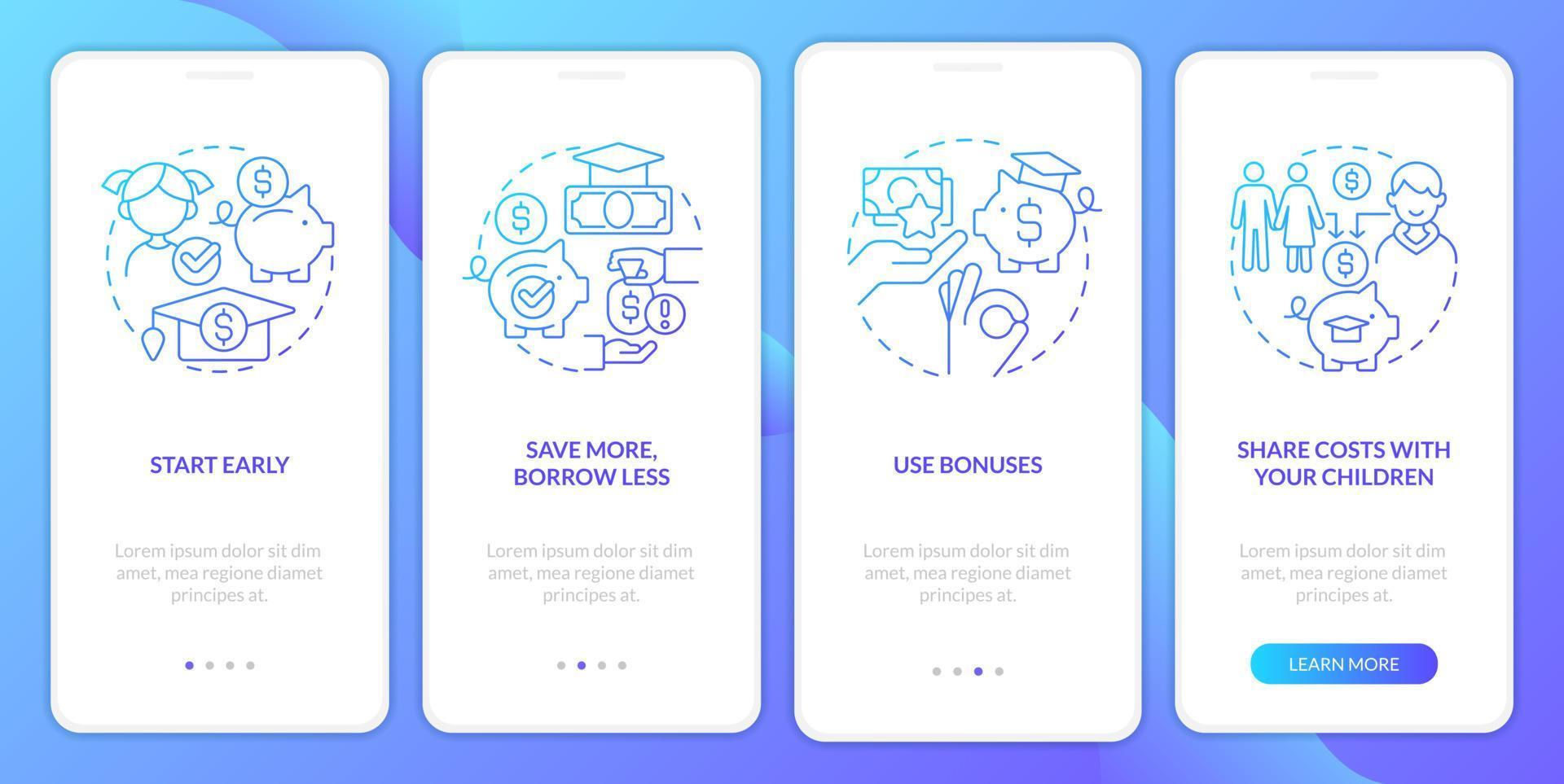 Tips for saving for college blue gradient onboarding mobile app screen. Walkthrough 4 steps graphic instructions with linear concepts. UI, UX, GUI template. vector