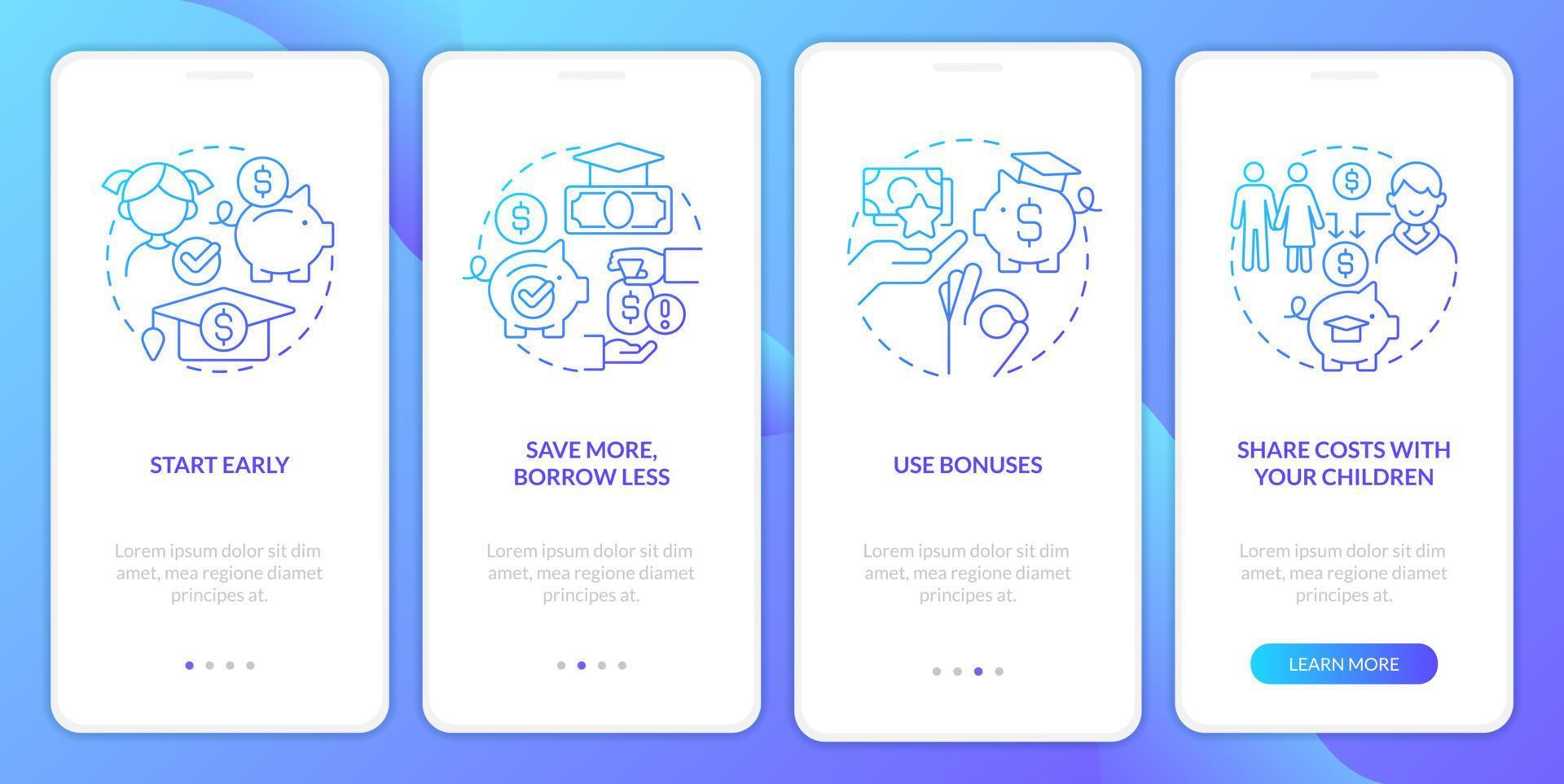 Consejos para ahorrar para la pantalla de la aplicación móvil de incorporación de degradado azul universitario. Instrucciones gráficas de 4 pasos con conceptos lineales. interfaz de usuario, ux, plantilla de interfaz gráfica de usuario. vector