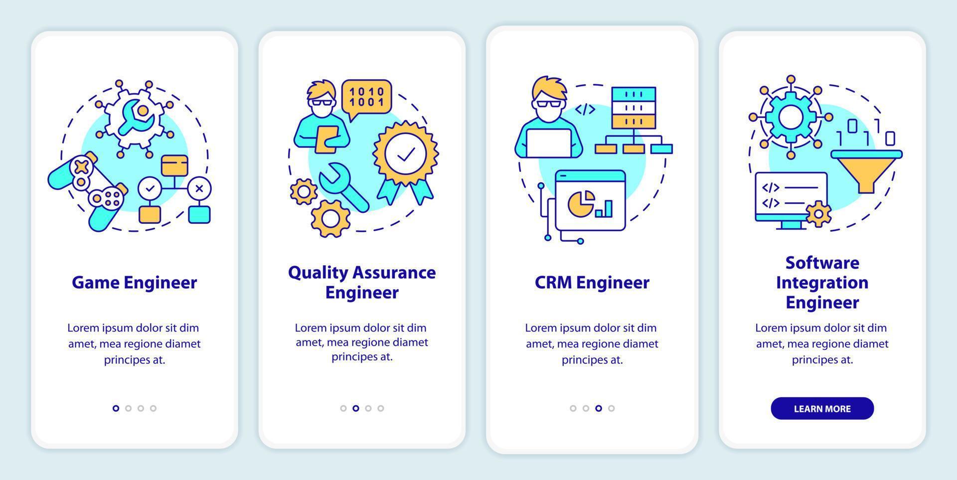Software engineer paths onboarding mobile app screen. Walkthrough 4 steps editable graphic instructions with linear concepts. UI, UX, GUI template. vector
