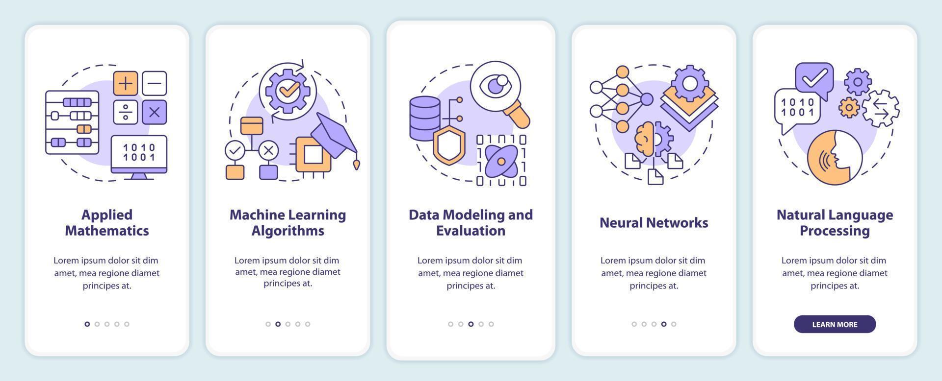 Machine learning engineer skills onboarding mobile app screen. Walkthrough 5 steps editable graphic instructions with linear concepts. UI, UX, GUI template. vector