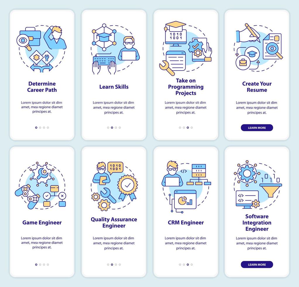 conjunto de pantalla de aplicación móvil de incorporación de profesión de desarrollador de software. tutorial 5 pasos instrucciones gráficas editables con conceptos lineales. interfaz de usuario, ux, plantilla de interfaz gráfica de usuario. vector