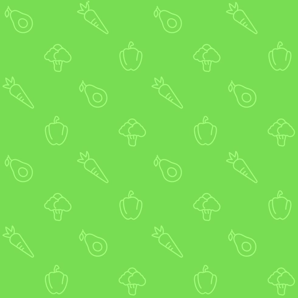 Vegan diet abstract seamless pattern. Editable vector shapes on green background. Trendy texture with cartoon color icons. Design with graphic elements for interior, fabric, website decoration