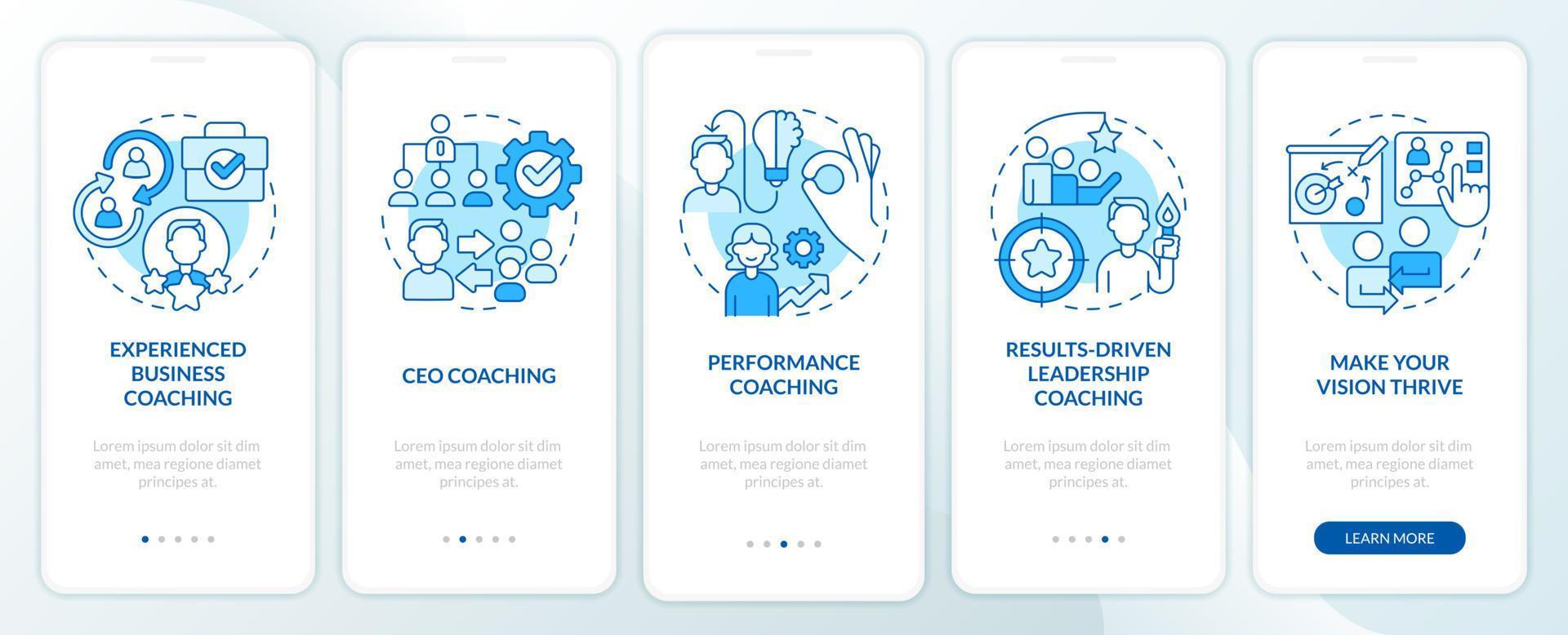 Corporate coaching service blue onboarding mobile app screen. Walkthrough 5 steps editable graphic instructions with linear concepts. UI, UX, GUI template. vector