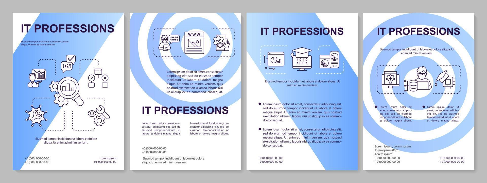 IT professions blue gradient brochure template. Programming. Leaflet design with linear icons. 4 vector layouts for presentation, annual reports.