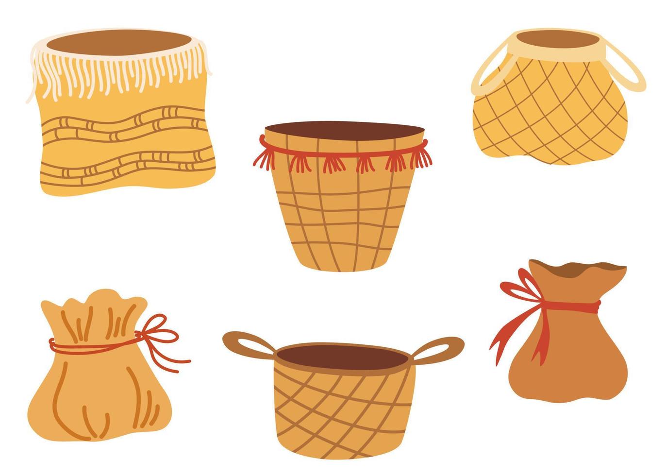 Wicker basket set in boho style. Decor for home, interior, decorations and Christmas. Hand drawn illustration isolated on the white background vector