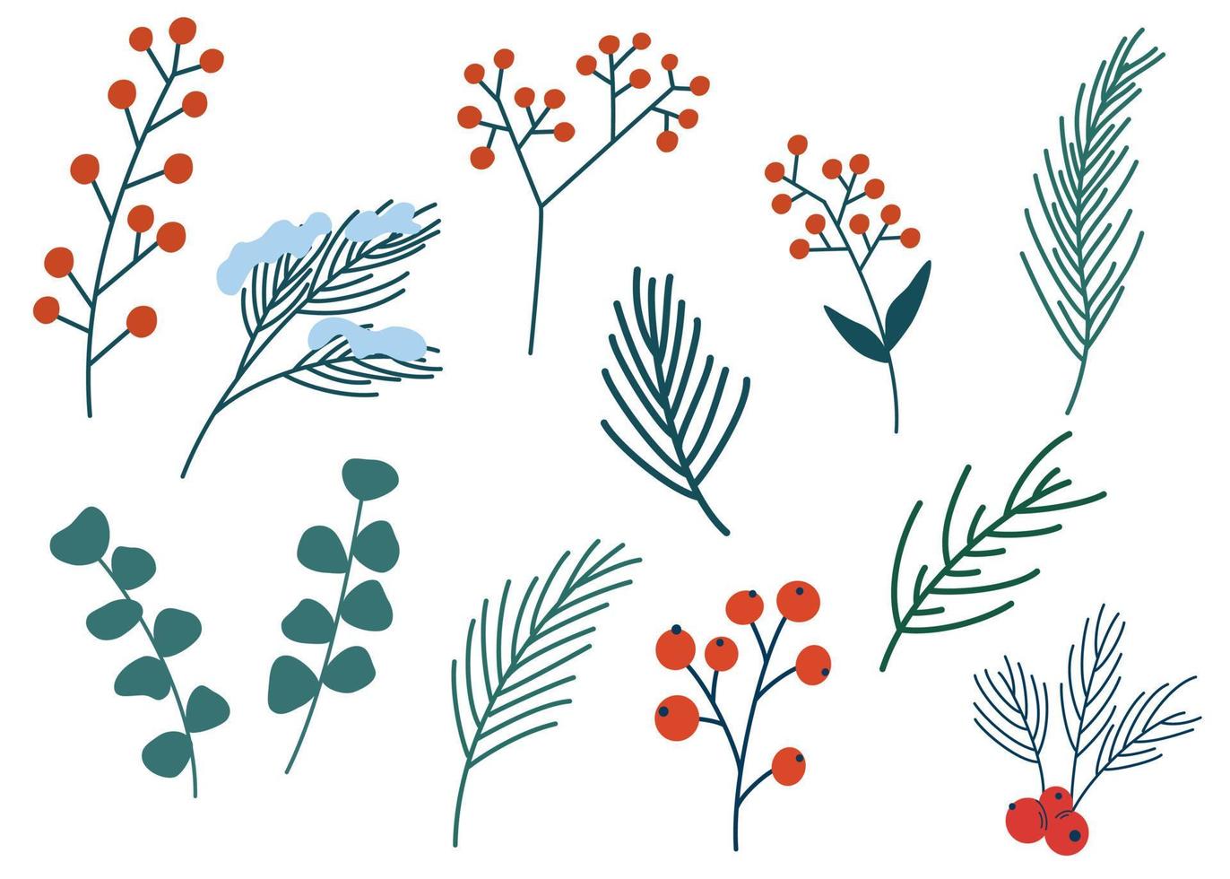 Spruce twig, berries and cones set. Winter plants. Christmas foliage twigs branches red berries. Pine, spruce, fir tree branches and cones, rowan, rosehip berries. Nature botanical elements. Vector