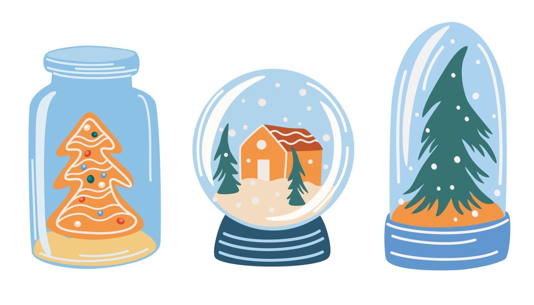 Crystal snow globe with winter landscape and house Set. Magic glass ball for winter xmas holiday concept. Snow globe icon concept drawing icon in modern style. Hand drawn vector illustration isolated