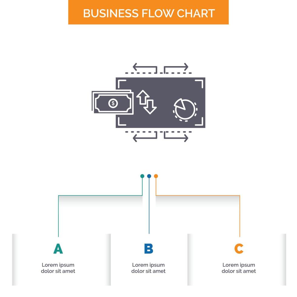Finanzas. caudal. marketing. dinero. diseño de diagrama de flujo de negocios de pagos con 3 pasos. icono de glifo para el lugar de plantilla de fondo de presentación para texto. vector