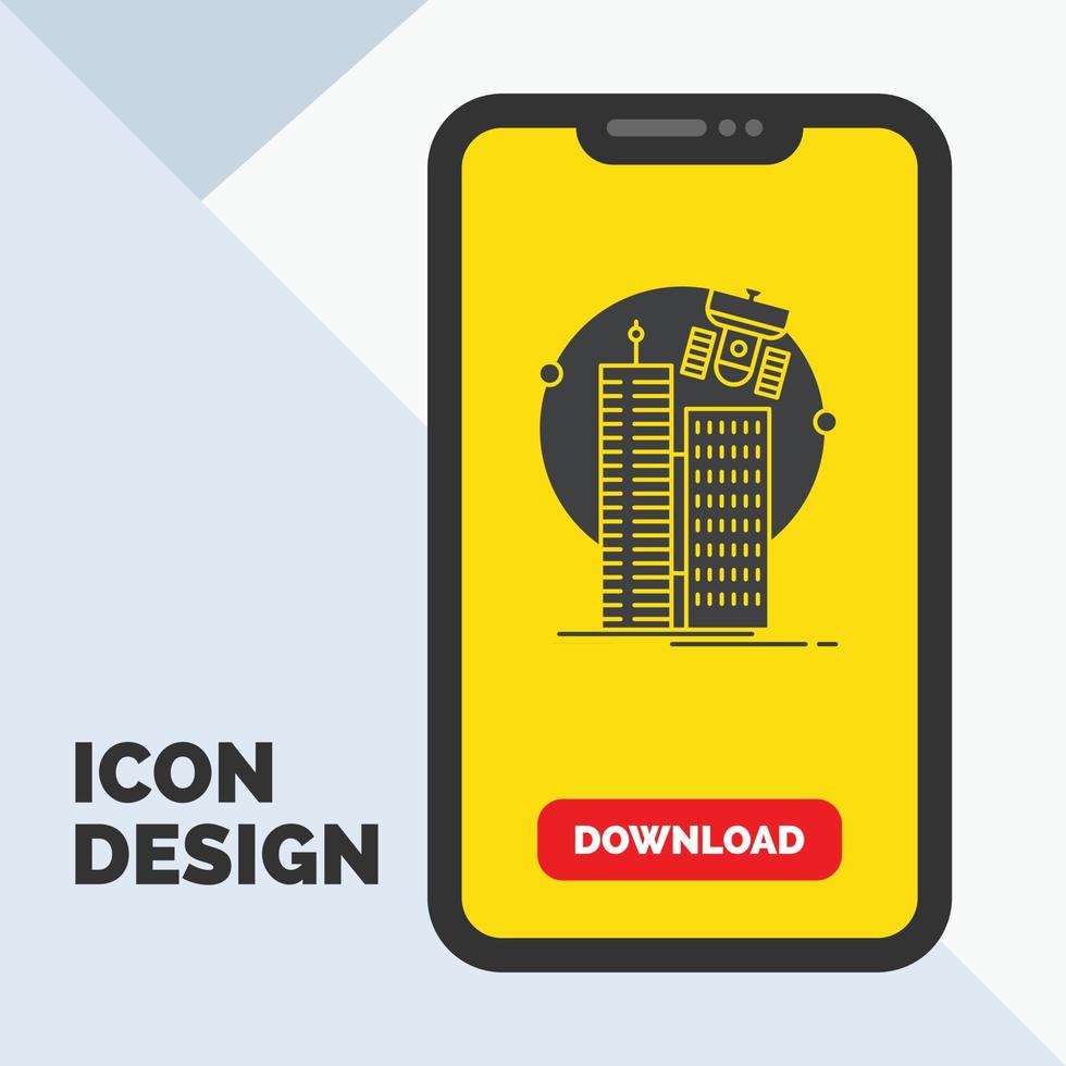 edificio. ciudad inteligente. tecnología. satélite. icono de glifo corporativo en el móvil para la página de descarga. fondo amarillo vector