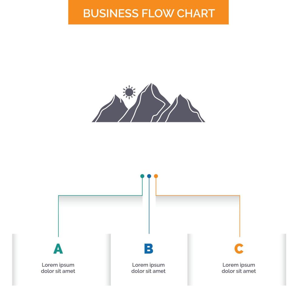 hill. landscape. nature. mountain. sun Business Flow Chart Design with 3 Steps. Glyph Icon For Presentation Background Template Place for text. vector