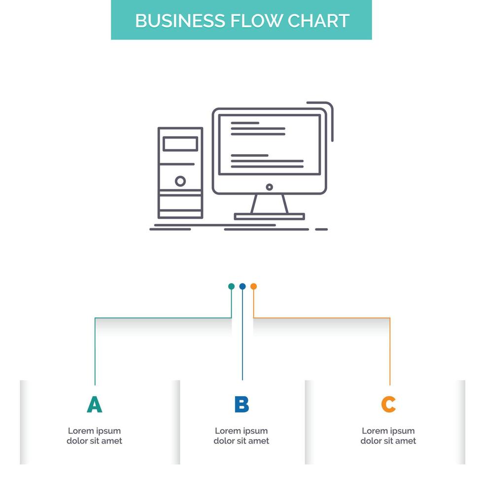 Computer. desktop. gaming. pc. personal Business Flow Chart Design with 3 Steps. Line Icon For Presentation Background Template Place for text vector