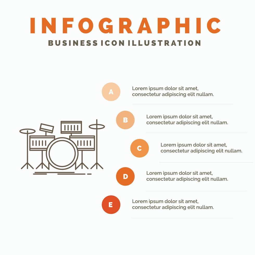 tambor. batería. instrumento. equipo. plantilla de infografía musical para sitio web y presentación. icono de línea gris con ilustración de vector de estilo infográfico naranja