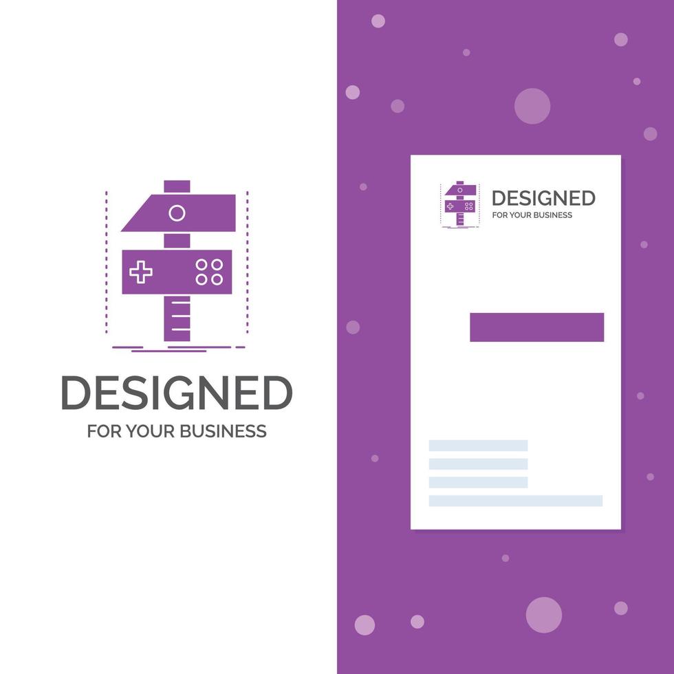 logotipo de empresa para construir. artesanía. desarrollar. desarrollador. juego. plantilla de tarjeta de visita de negocio púrpura vertical. ilustración de vector de fondo creativo