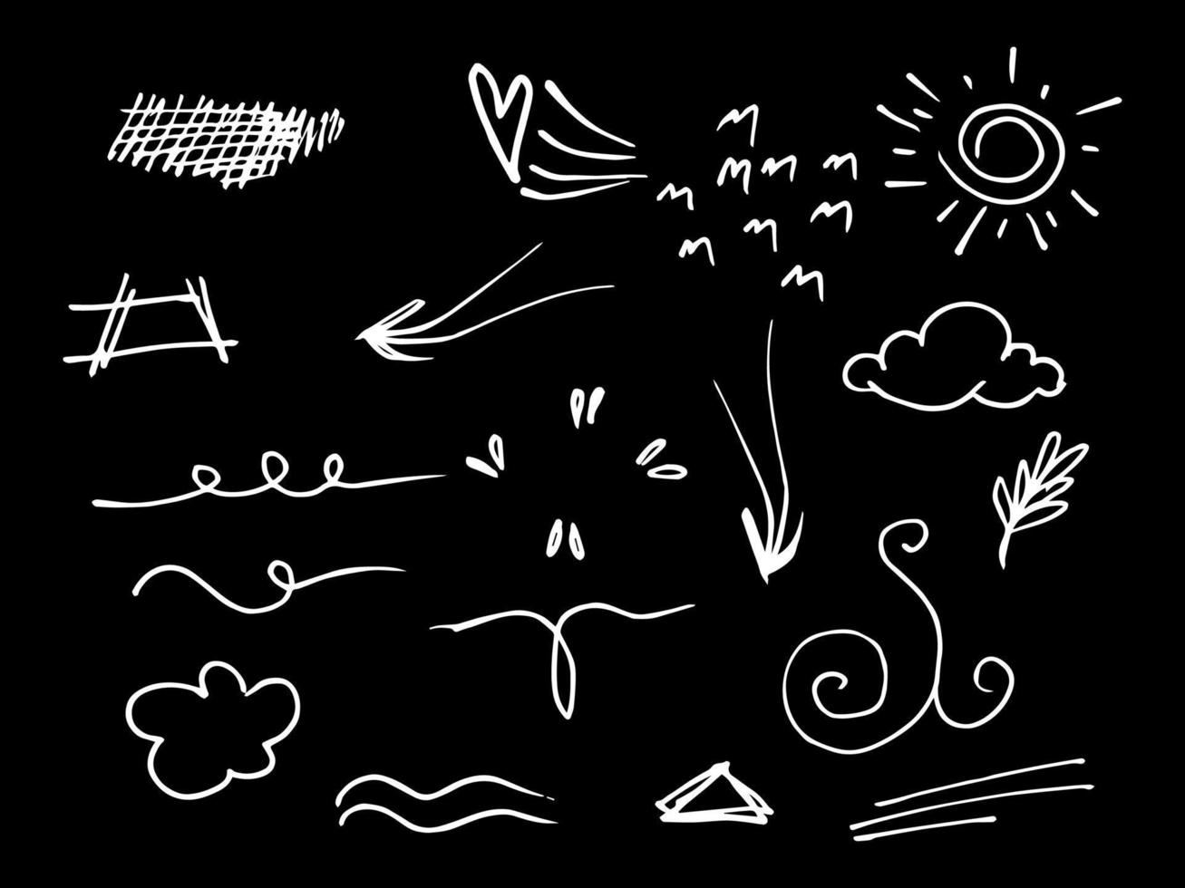 Doodle elements for concept design on set. isolated on black background. Infographic elements. Emphasis, curly swishes, swoops, swirl, arrow. vector illustration