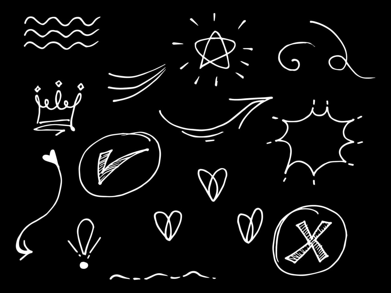 Doodle elements for concept design on set. isolated on black background. Infographic elements. Emphasis, curly swishes, swoops, swirl, arrow. vector illustration