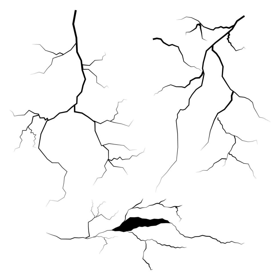 hand drawn cracked glass, wall, ground. lightning storm effect. doodle break set. vector illustration