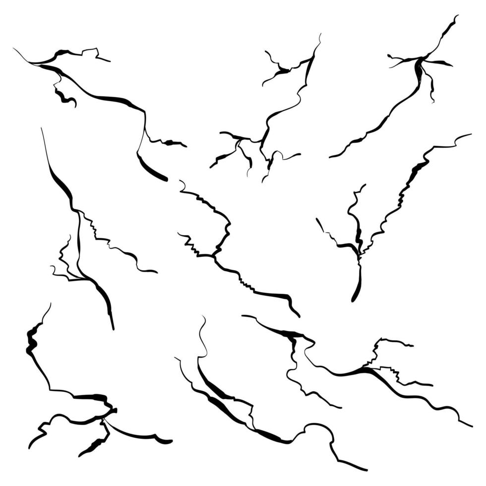 hand drawn cracked glass, wall, ground. lightning storm effect. doodle break set. vector illustration