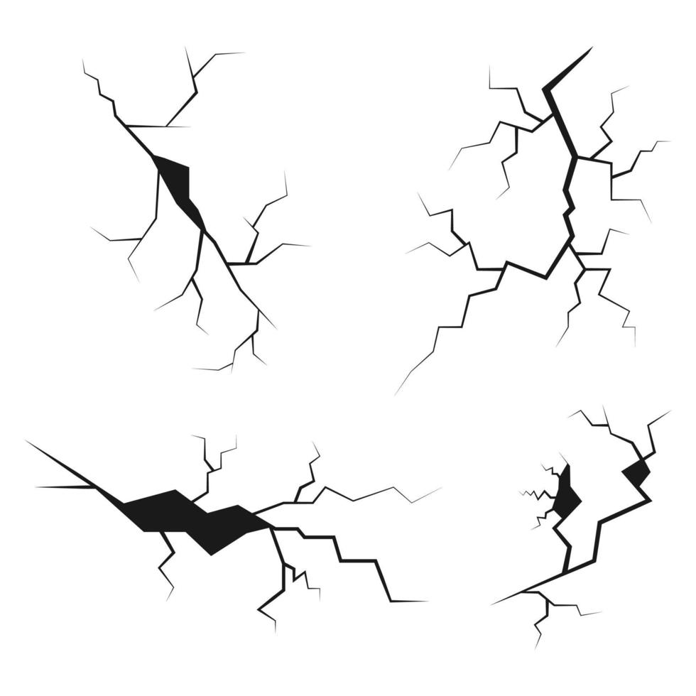 hand drawn cracked glass, wall, ground. lightning storm effect. doodle break set. vector illustration