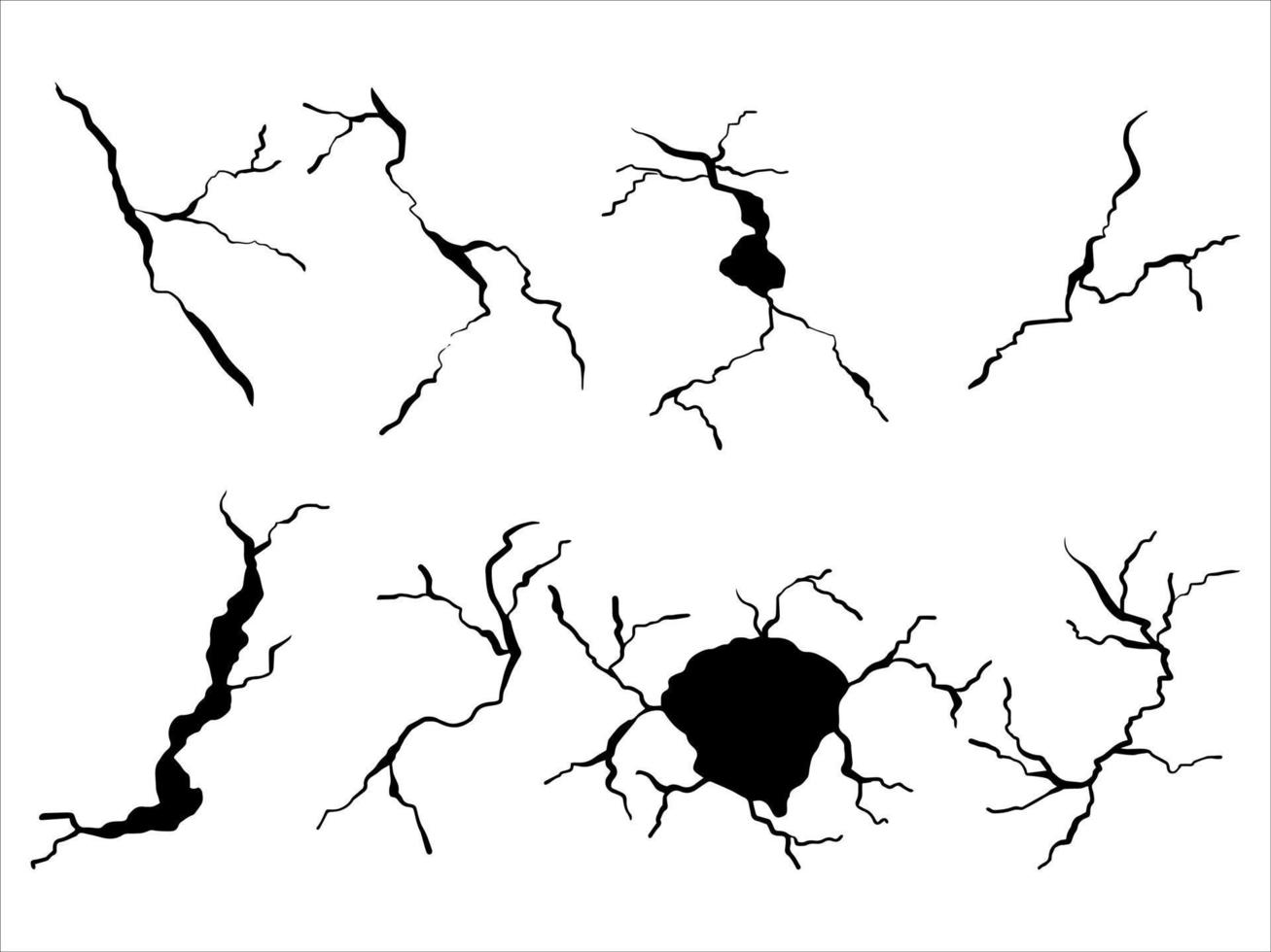 vidrio agrietado dibujado a mano, pared, suelo. efecto de tormenta eléctrica. juego de descanso de garabatos. ilustración vectorial vector