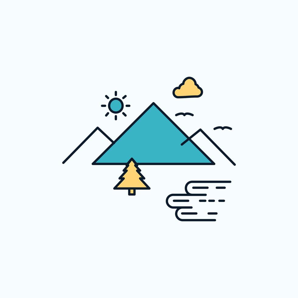 Mountains. Nature. Outdoor. Clouds. Sun Flat Icon. green and Yellow sign and symbols for website and Mobile appliation. vector illustration