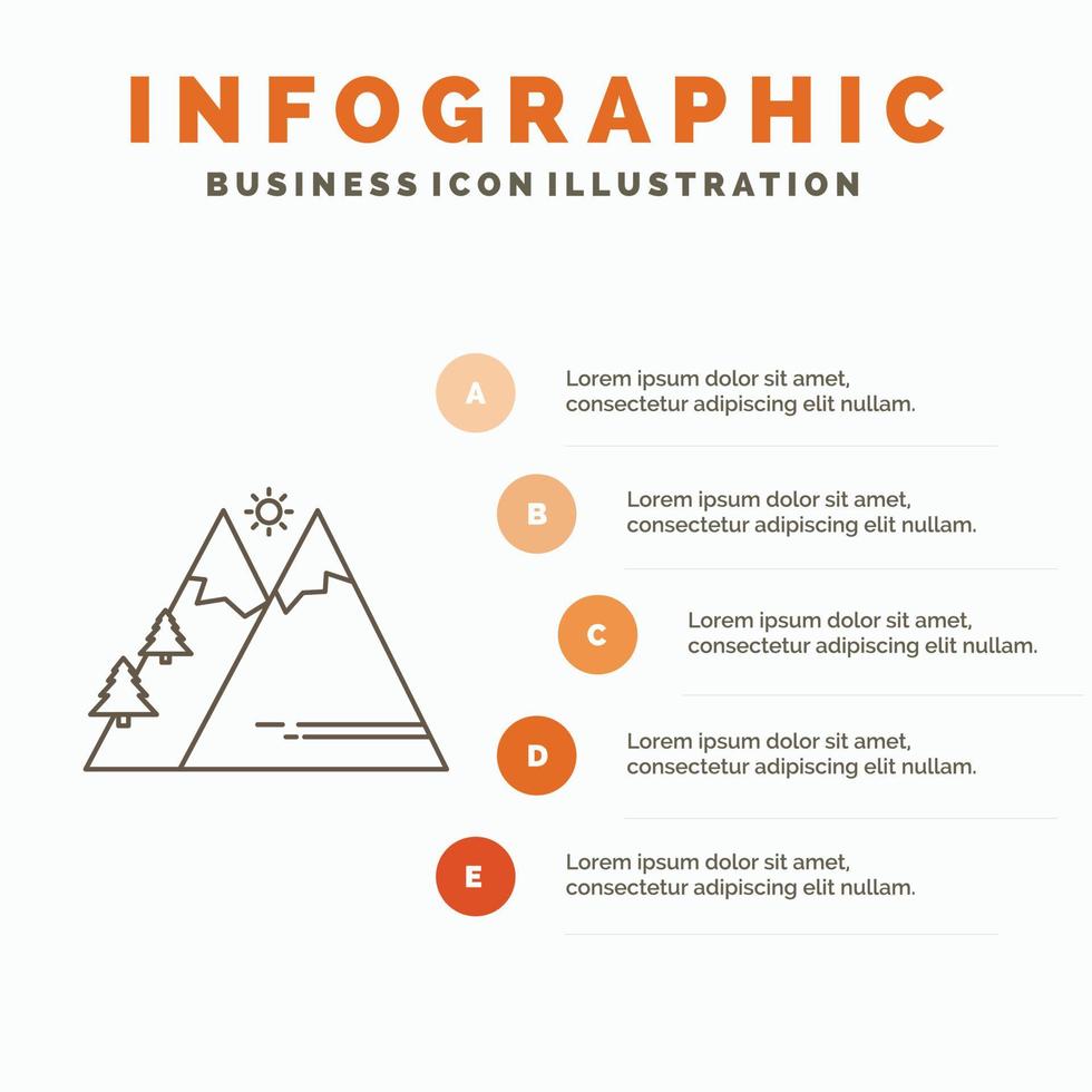 Mountains. Nature. Outdoor. Sun. Hiking Infographics Template for Website and Presentation. Line Gray icon with Orange infographic style vector illustration