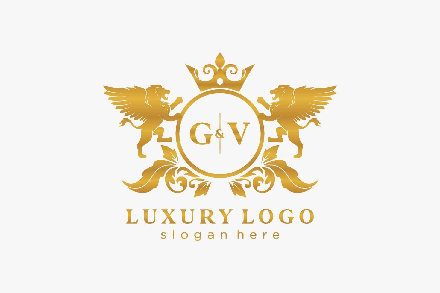 Initial GV Letter Lion Royal Luxury Logo template in vector art for Restaurant, Royalty, Boutique, Cafe, Hotel, Heraldic, Jewelry, Fashion and other vector illustration.