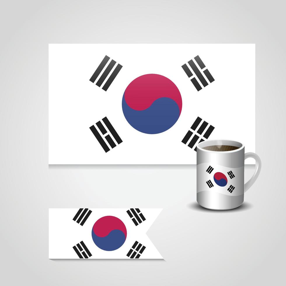 bandera de corea del sur impresa en taza de café y bandera pequeña vector
