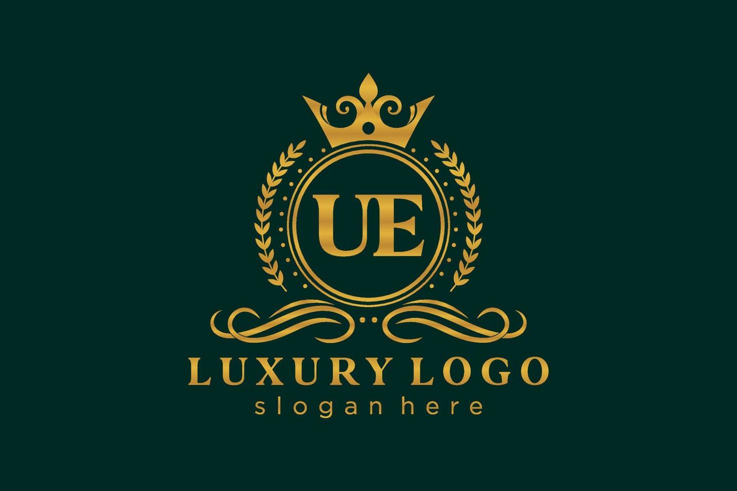 Initial UE Letter Royal Luxury Logo template in vector art for Restaurant, Royalty, Boutique, Cafe, Hotel, Heraldic, Jewelry, Fashion and other vector illustration.