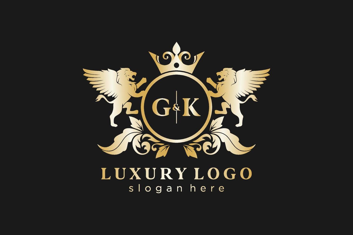 Initial GK Letter Lion Royal Luxury Logo template in vector art for Restaurant, Royalty, Boutique, Cafe, Hotel, Heraldic, Jewelry, Fashion and other vector illustration.