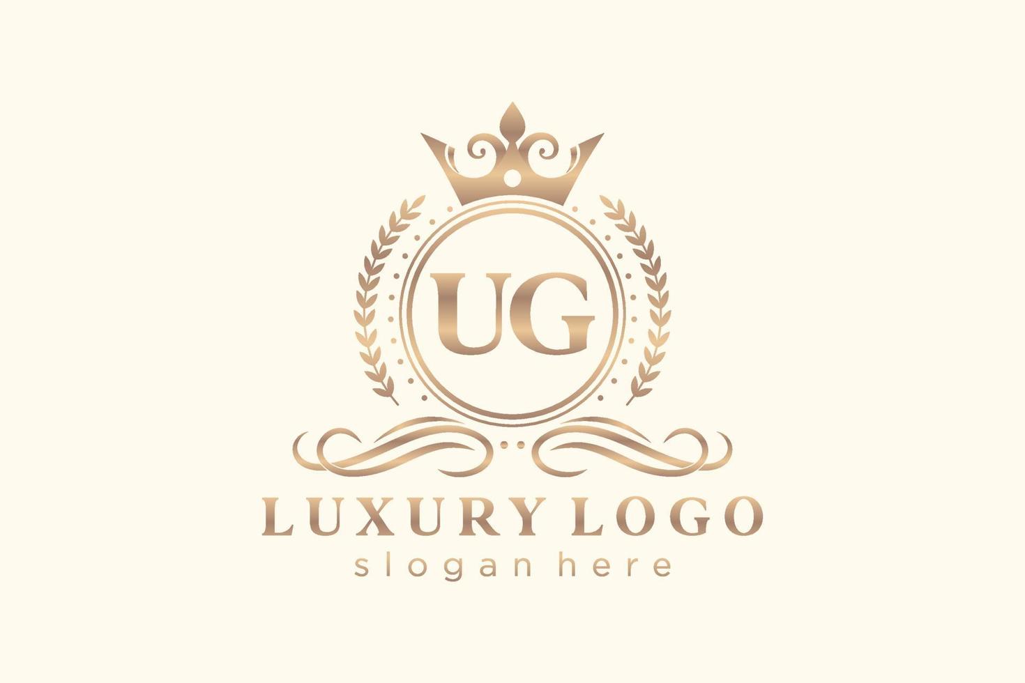 Initial UG Letter Royal Luxury Logo template in vector art for Restaurant, Royalty, Boutique, Cafe, Hotel, Heraldic, Jewelry, Fashion and other vector illustration.