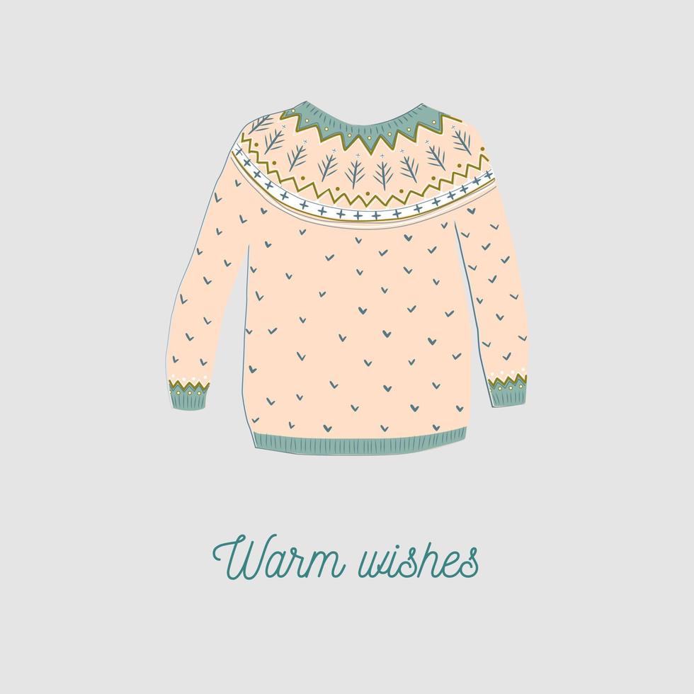 Vector illustration of woolen pullover with Nordic ornament. Cute warm knitwear for winter days. Good for greeting cards, textile prints.