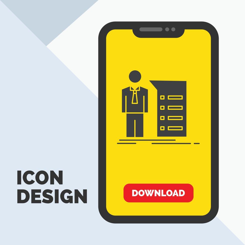 Business. explanation. graph. meeting. presentation Glyph Icon in Mobile for Download Page. Yellow Background vector