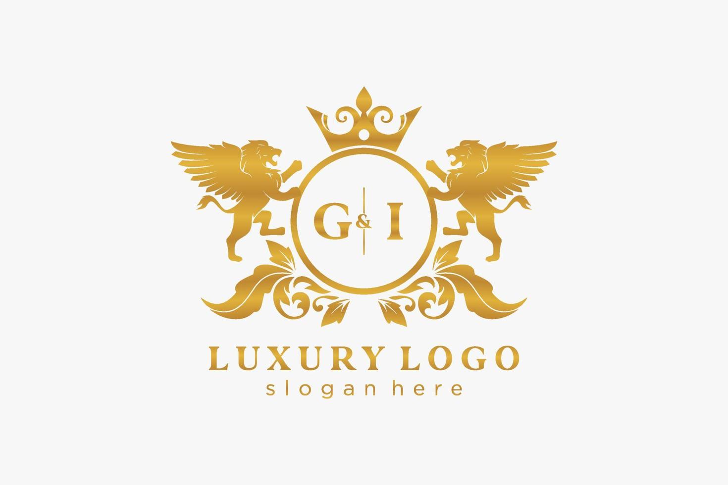 Initial GI Letter Lion Royal Luxury Logo template in vector art for Restaurant, Royalty, Boutique, Cafe, Hotel, Heraldic, Jewelry, Fashion and other vector illustration.
