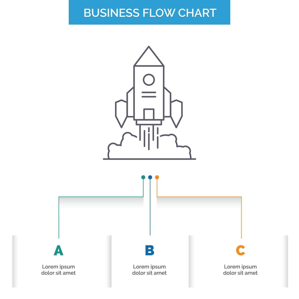 cohete. astronave. puesta en marcha. lanzar. diseño de diagrama de flujo de negocios de juegos con 3 pasos. icono de línea para el lugar de plantilla de fondo de presentación para texto vector