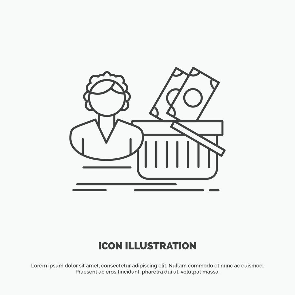 salario. compras. cesta. compras. icono femenino. símbolo gris vectorial de línea para ui y ux. sitio web o aplicación móvil vector