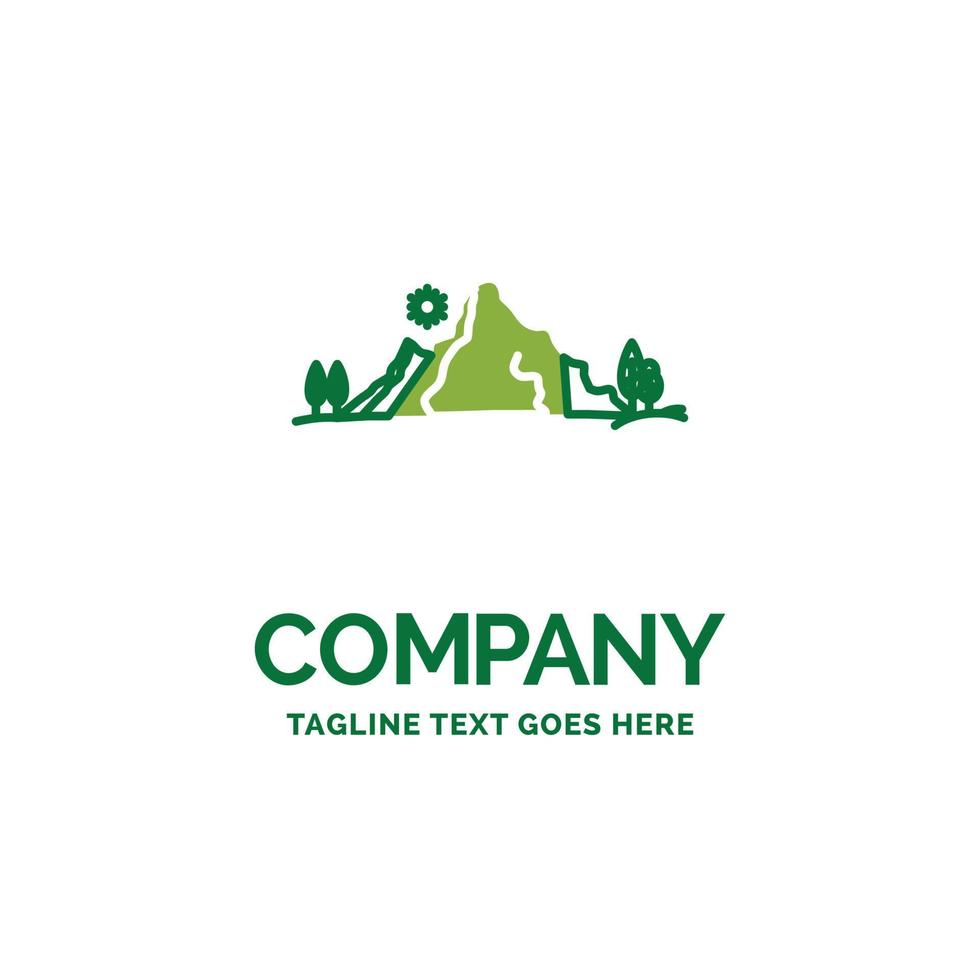 mountain. landscape. hill. nature. tree Flat Business Logo template. Creative Green Brand Name Design. vector
