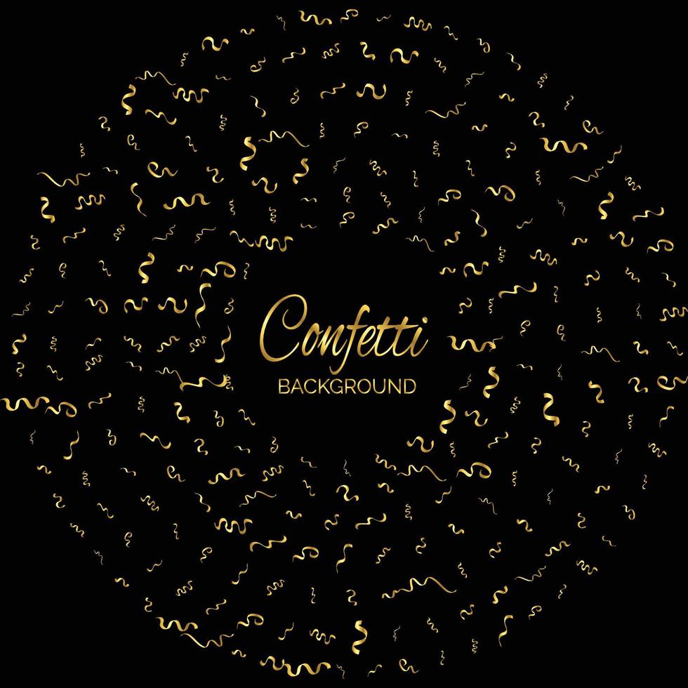 Golden Confetti And Streamer Ribbon Falling On Black Background. Vector