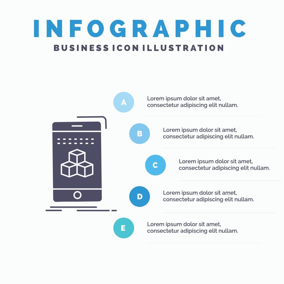 caja. 3d. cubo. teléfono inteligente plantilla de infografía de producto para sitio web y presentación. icono de glifo gris con ilustración de vector de estilo infográfico azul.