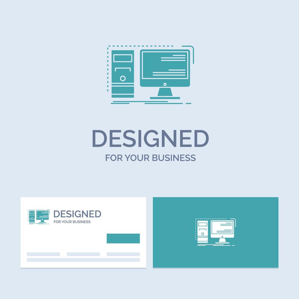 Computer. desktop. hardware. workstation. System Business Logo Glyph Icon Symbol for your business. Turquoise Business Cards with Brand logo template. vector