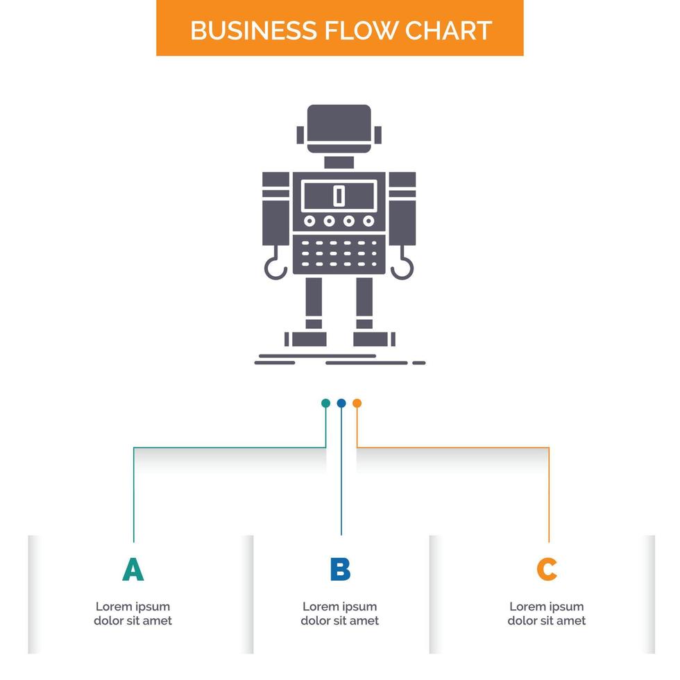 autónomo. máquina. robot. robótico diseño de diagrama de flujo de negocio de tecnología con 3 pasos. icono de glifo para el lugar de plantilla de fondo de presentación para texto. vector